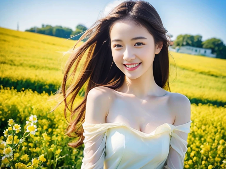 highest quality, masterpiece, ultra high resolution, (realistic:1.4), RAW photo, 1 girl, white dress, off shoulder, rape blossom field, glowing skin, light smile