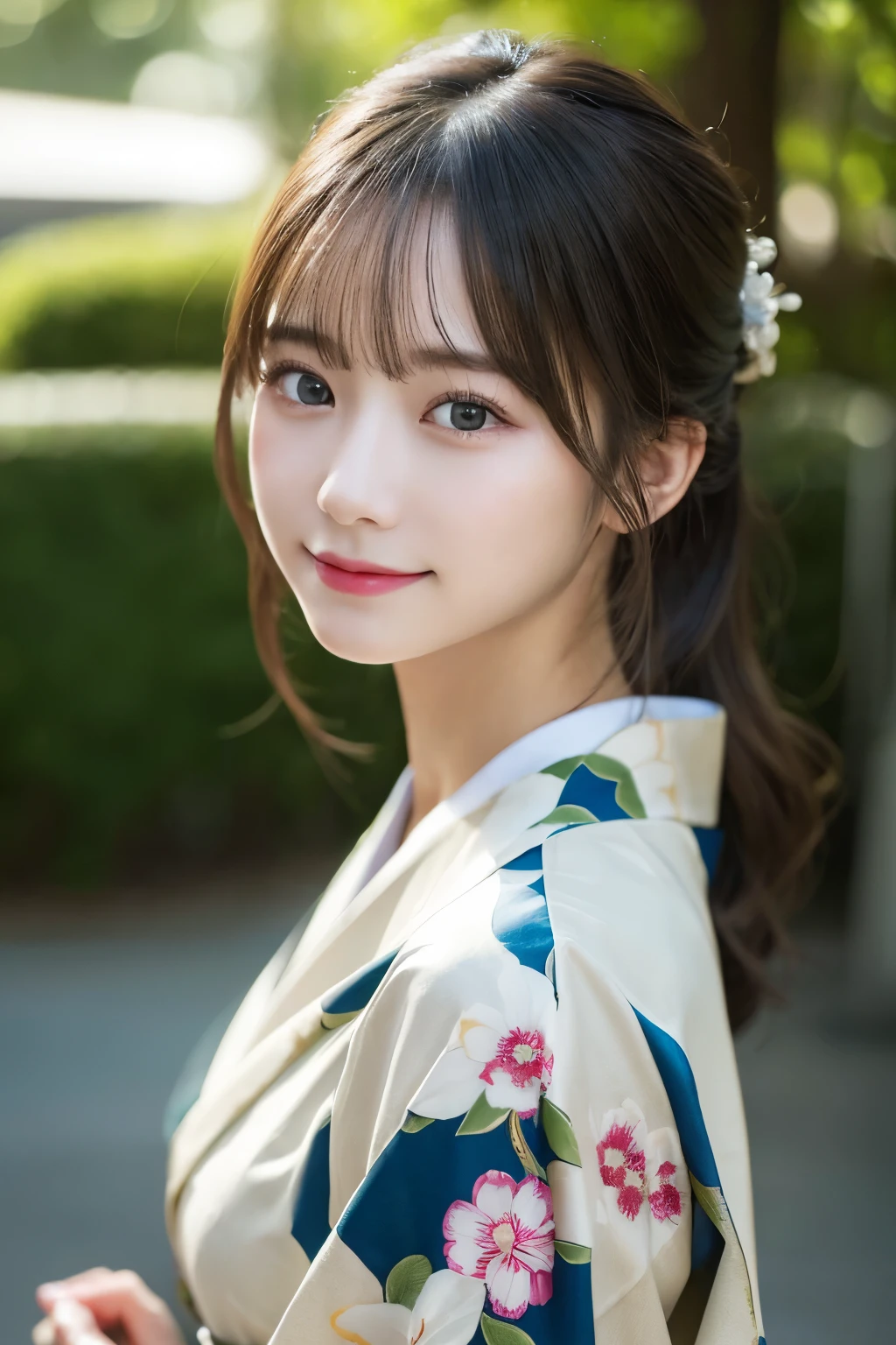（kimono）、(highest quality、8k、High resolution、masterpiece:1.2)、Very detailed、(Realistic、photoRealistic、photo-Realistic:1.3)、Bokeh、Portraiture、smile、(Beautiful and detailed eyes、Young face、Detailed face、No makeup)、A little backlight、Depth of written boundary、chromatic aberration、Use natural light and color、Wide range of lighting、Natural Shading、Caustics