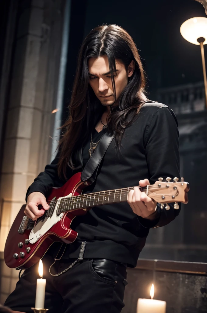 best quality, 8k, highly detailed face and skin texture, high resolution, black long hair man in black gothic jacket playing electric guitar in the castle at night, under the candle light, full body, sharp focus