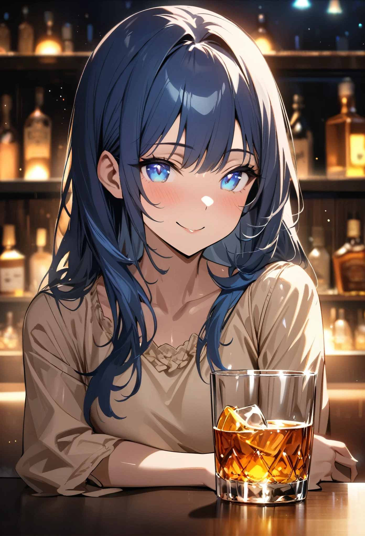 (masterpiece), (best quality), (sharp focus), (depth of field), (female): solo, (perfect face), (detailed outfit), (),(smile), beautiful female,blue eyes, whole body,blue hair, long hair,(((((background of night view))))), (((in a bar))), wine, whisky, highball, (((((beige blouse))))),(shiny luminous, effects:1.2)