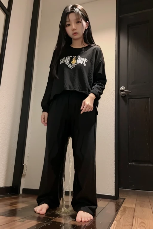 Japanese Girl sees the ghost and pees her black palazzo pants until her pants are wet in fright.