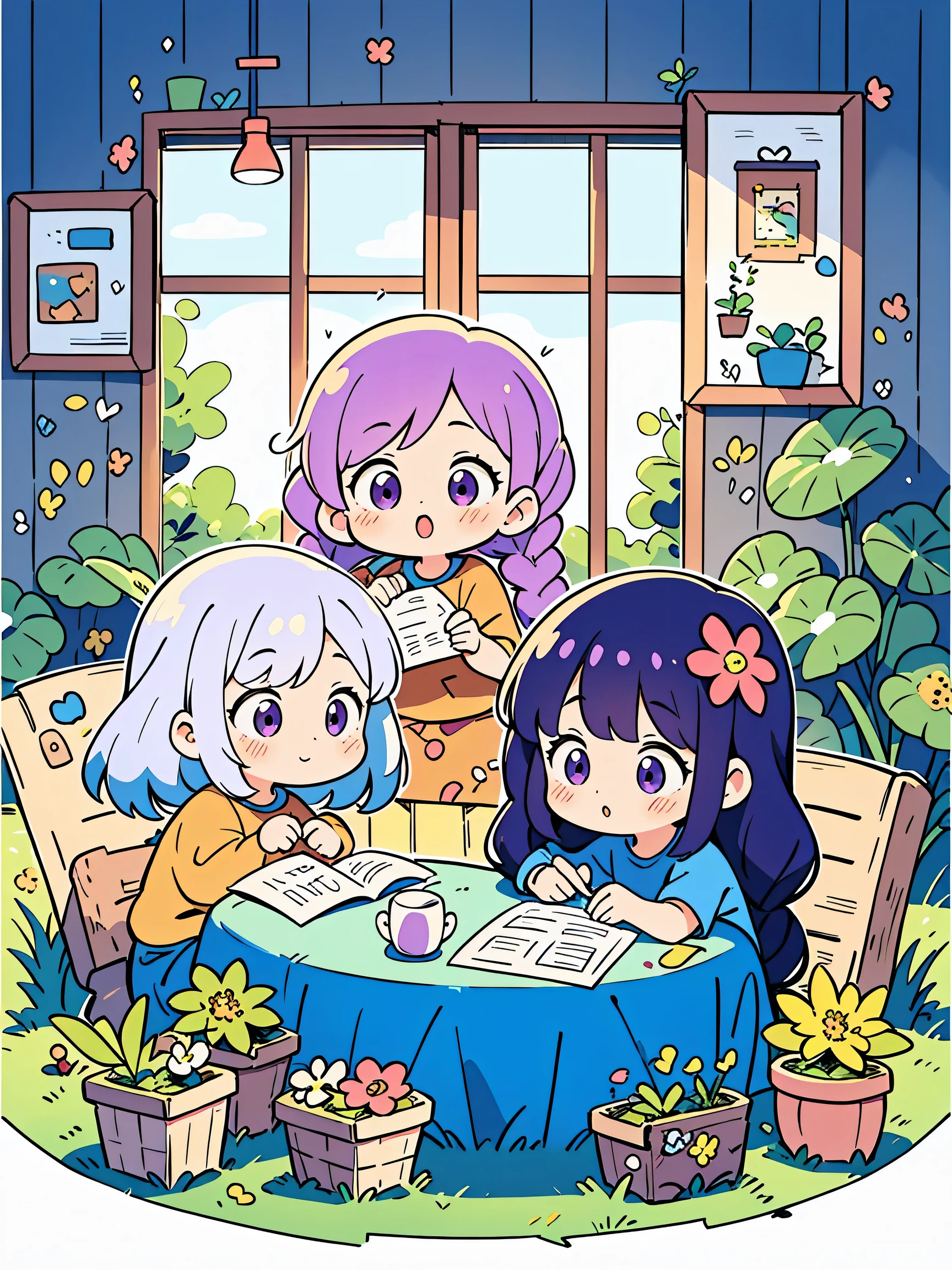 Best Quality,Official art,Wallpapers,90s Cartoons,Slight retro color,riso print style,Illustration,Cute,1 girl,yinji, purple hair, purple eyes, long hair, white hair, double braids, gradient hair,Flowers,Window,flower pots,hand drawn style,children's illustrations,flat illustrations,