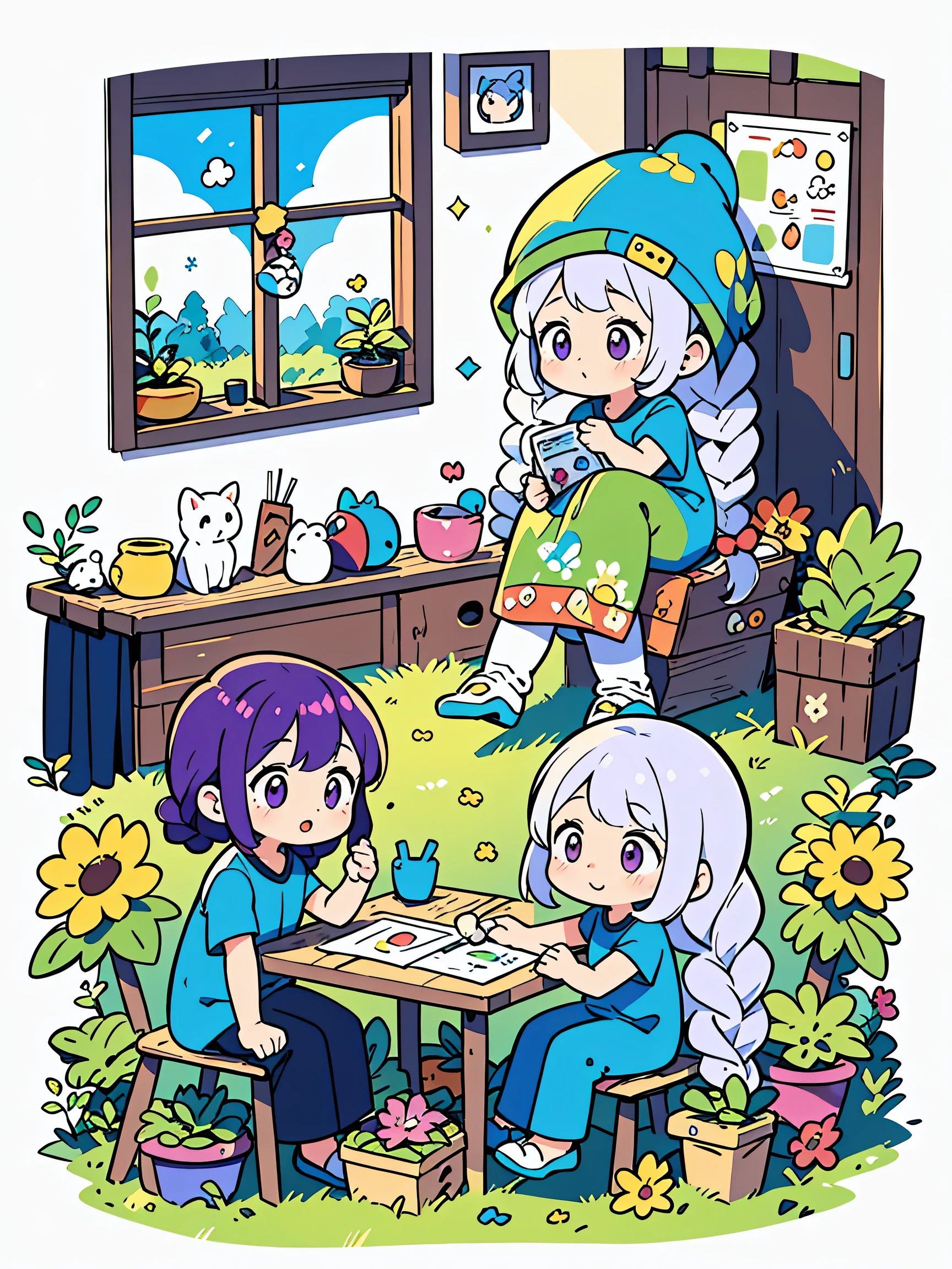 Best Quality,Official art,Wallpapers,90s Cartoons,Slight retro color,riso print style,Illustration,Cute,1 girl,yinji, purple hair, purple eyes, long hair, white hair, double braids, gradient hair,Flowers,Window,flower pots,hand drawn style,children's illustrations,flat illustrations,