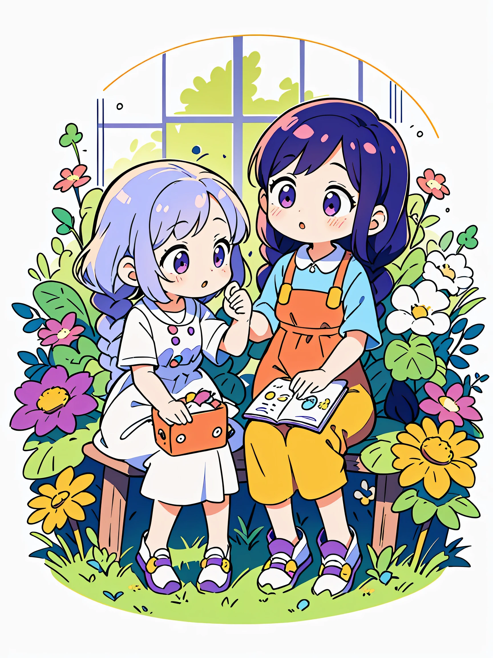 Best Quality,Official art,Wallpapers,90s Cartoons,Slight retro color,riso print style,Illustration,Cute,1 girl,yinji, purple hair, purple eyes, long hair, white hair, double braids, gradient hair,Flowers,Window,flower pots,hand drawn style,children's illustrations,flat illustrations,