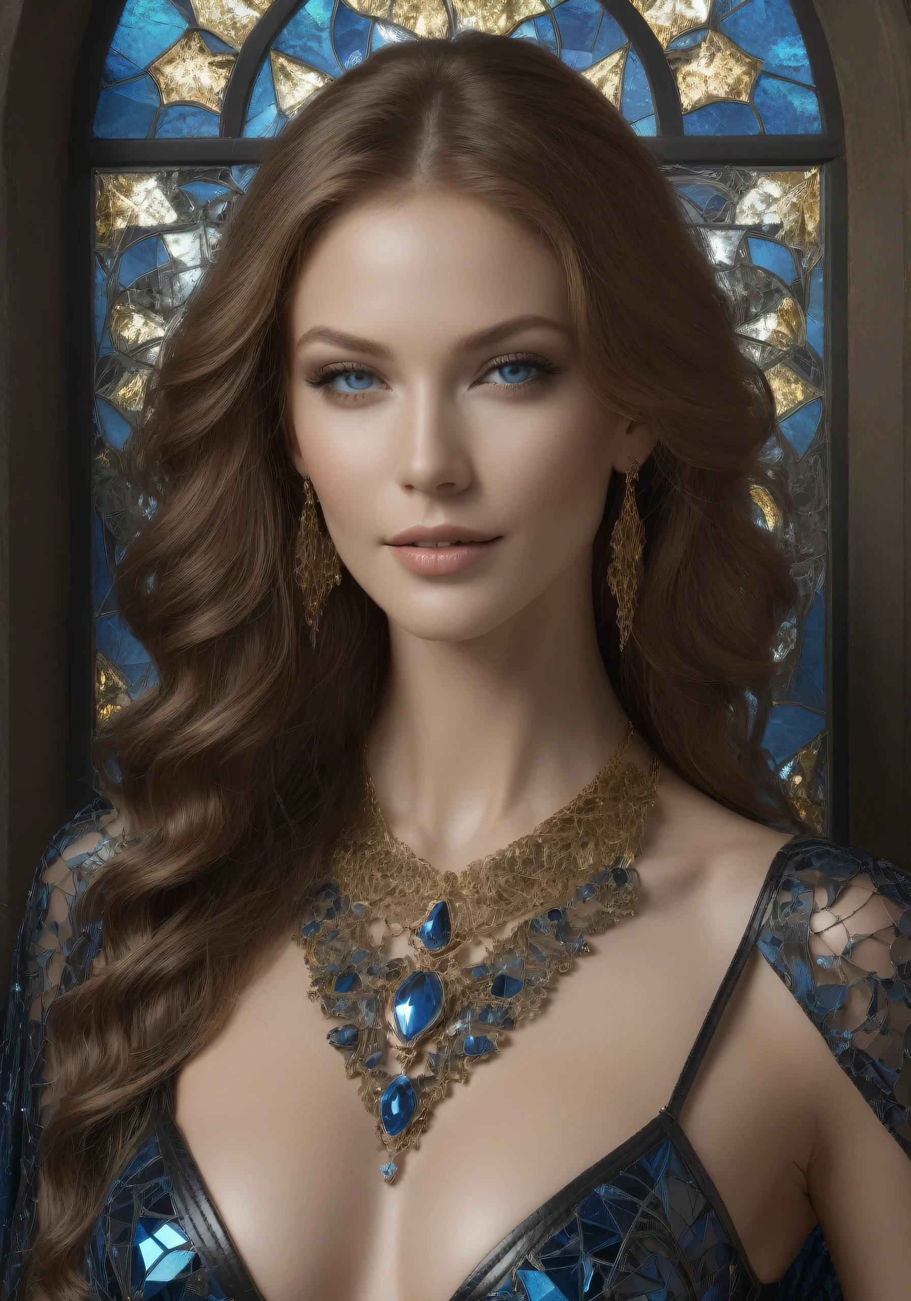 alluring portrait, intricate, highly detailed, digital painting, artstation, concept art, naughty, sharp focus, cinematic lighting, illustration, art by artgerm and greg rutkowski, alphonse mucha, cgsociety,These stained glass windows feature
stunningly beautiful gothic ladies, exuding eerie
and alluring charm,bright light on face , bright ,frontlighting, leather Gothic gown,golden necklaces,golden brochures, beautiful blue eyes ,professional makeup, realistic,
, portrait of a gorgeous lady , beautiful mesmerizing faces reflecting from broken mirrors at the dark horizon, portrait shot , nebulas and stars at the scenery, dark blue beautiful symmetric eyes ,3D,perfect eyes,extremely detailed face, lifelike photography, ultra high detailed,naughty smile ,high  quality ,alluring beauty portrait shot ,closeup shot, gorgeous Russian model, awesome action photos, realistic, hyperrealism, fantasy , beautiful fit body, beautiful long legs, reasonable nudity, reasonable naked body parts , closeup shot