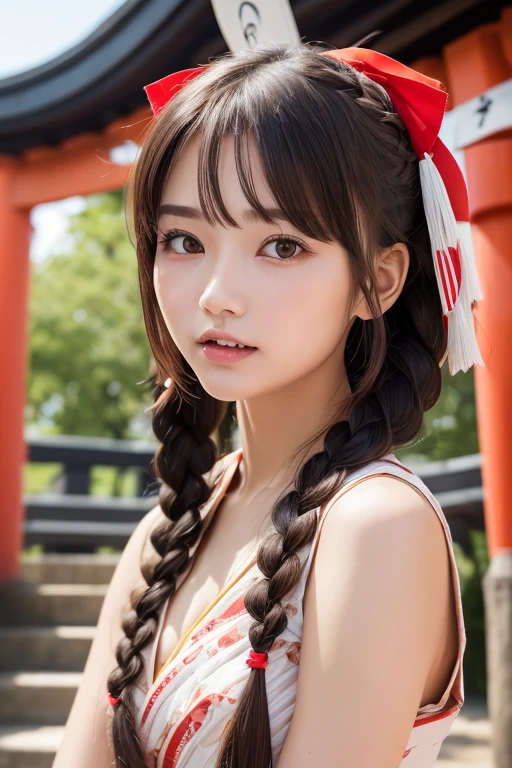 one girl, (a beauty girl, delicate girl:1.3), (24-years-old:1.3),
break, (Shrine maiden costume:1.3), Zoom in on face,
break, Very fine grain definition, (Symmetrical eyes:1.3),
break, (Inari Shrine:1.3), (torii:1.3),
break, Small breasts, Brown eyes, Parted bangs, Brown Hair, girl,
break, (Eye and facial details:1.0),
break, (masterpiece, highest quality, Super detailed, Detailed face, 8k)、(afterglow:1.7、cleavage、twin braids、braided bangs、clenched teeth)、Bring your arms together