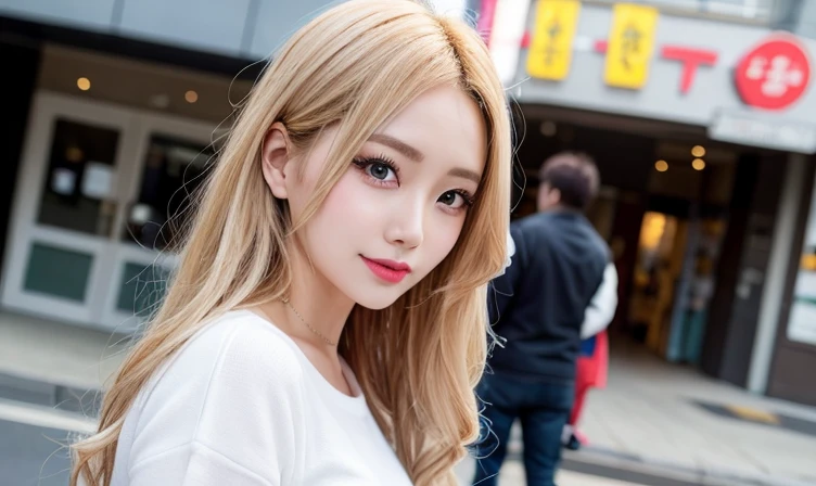 (Cowboy Shot、highest quality、8k、Award-winning works、Ultra-high resolution)、One beautiful woman、(blonde:1.1)、Bright color contacts、Perfect Makeup、Bright and shiny lipstick、Very long wavy hair、(Romantic affection:1.1)、The best smile when you see me、Accurate anatomy、Ultra HD Hair、(Ultra-high resolutionの完璧な美しい歯:1.1)、Ultra-high definition beauty face、Ultra HD Hair、Ultra-high definition sparkling eyes、輝くUltra-high resolutionの美肌、Ultra-high resolutionの艶やかな唇、Street Snap、Stylish summer outfit、26 years old、The background is a cityscape、Ulzzang Makeup、Blonde