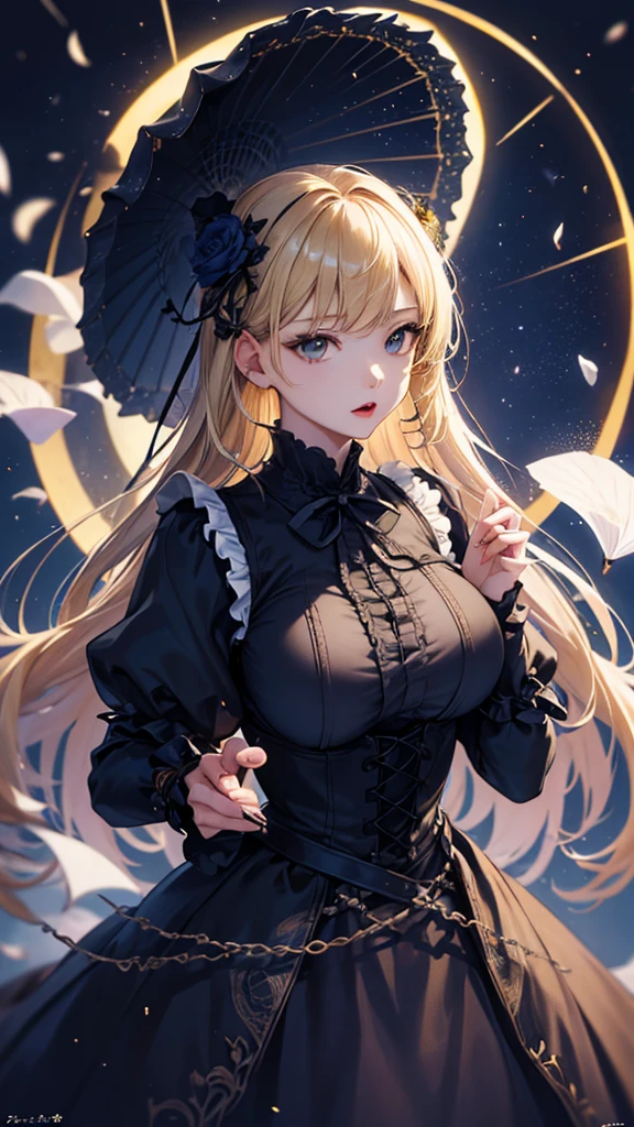 masterpiece, high quality, 4K, Beautiful design, silhouette，blonde， 非常に詳細な夜のStarry Sky,Flower Field， wonderful, Finer details,  Very knowledgeable woman, Highly detailed solo, 1 female,Big Breasts，Gothic Lolita Fashion，Night view，Starry Sky，full moon，