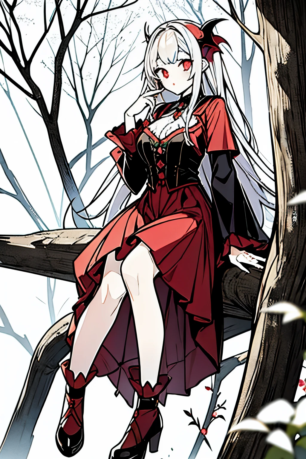 Vampire girl 156 cm red eyes full body sit in the trees