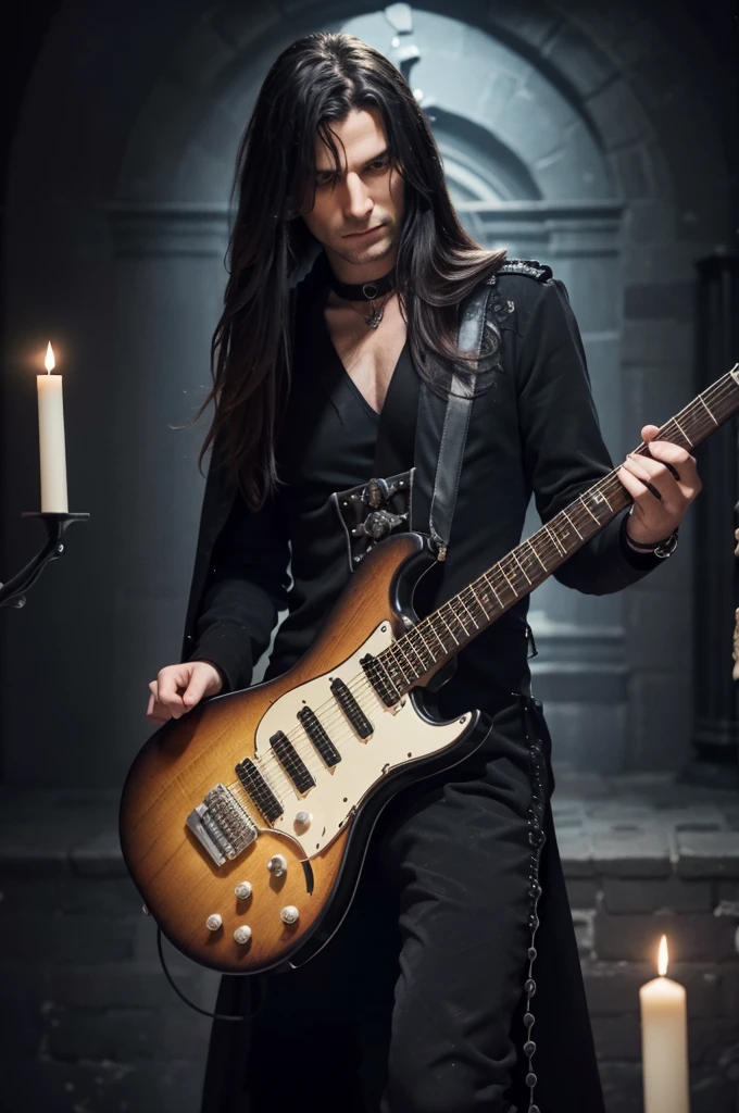 best quality, 8k, highly detailed face and skin texture, high resolution, black long hair man in black gothic jacket playing electric guitar in the castle at night, under the candle light, full body, sharp focus