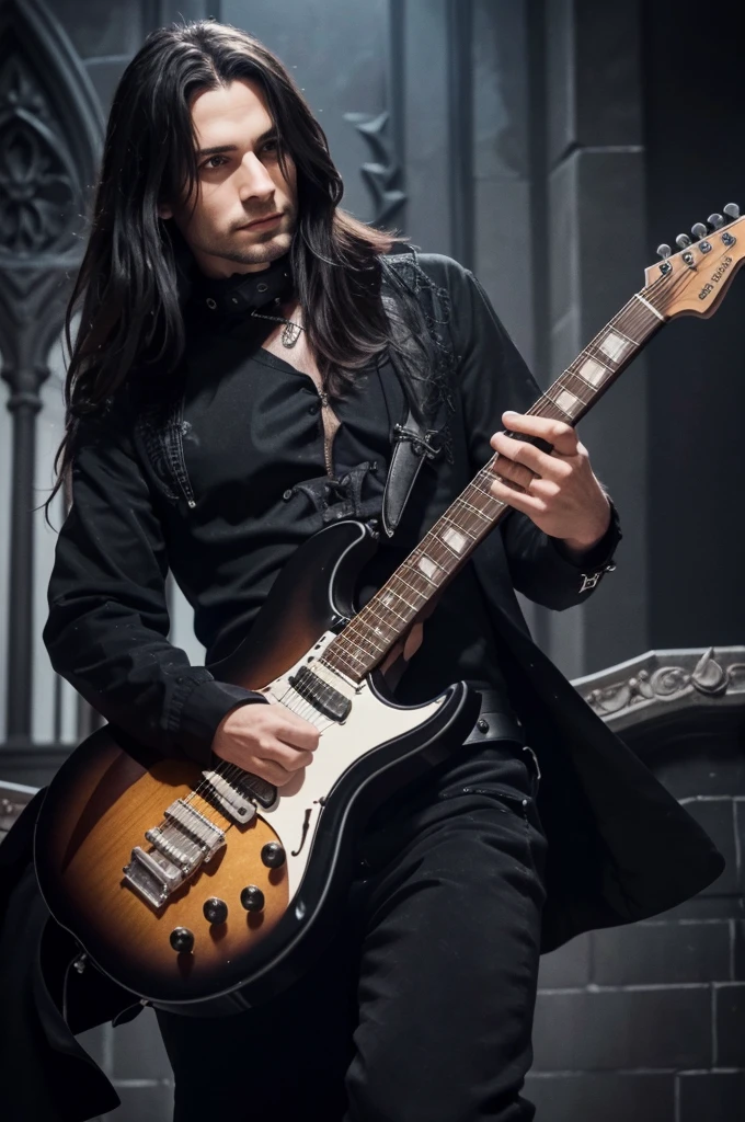 best quality, 8k, highly detailed face and skin texture, high resolution, black long hair man in black gothic jacket playing electric guitar in the castle at night, under the candle light, full body, sharp focus