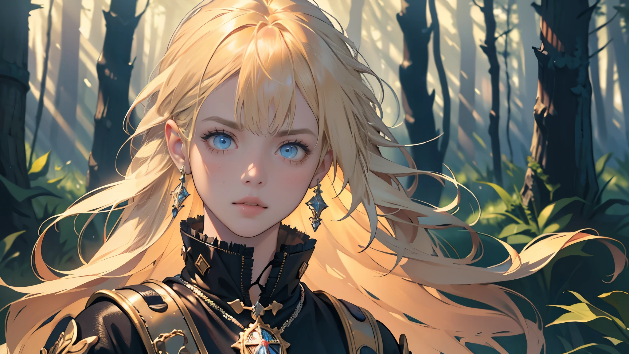 masterpiece, ultra detailed, 8K Portrait, Raw photo, a portrait photo of girl, Highly detailed face, beautiful and meticulous eyes, ((Fantasy)), little bear, (blond hair) Fluttering in the wind, Midday Sun, Hyper realistic, in a medieval forest, Ambient lighting, Shadow details , strong breeze, Light fog