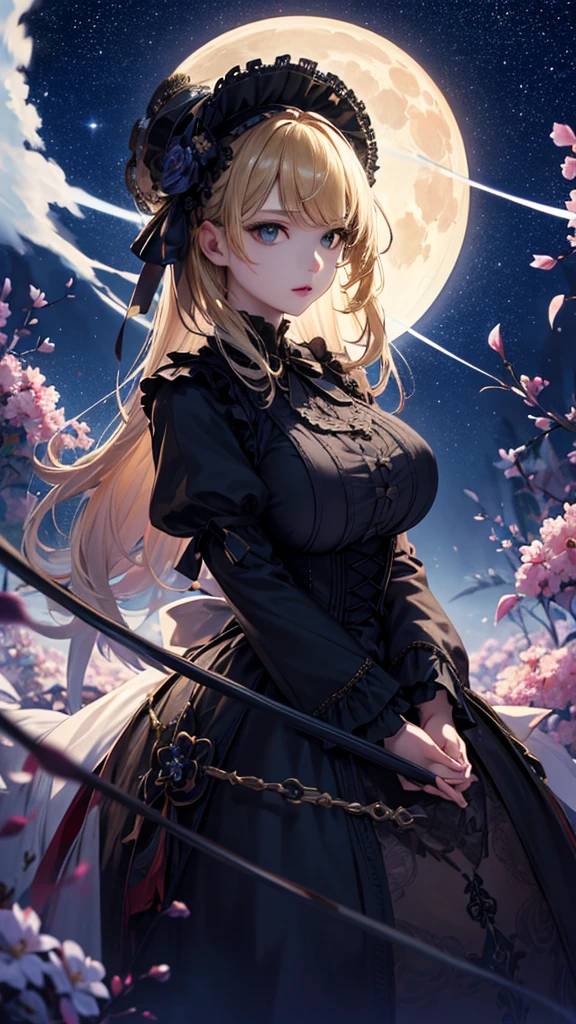 masterpiece, high quality, 4K, Beautiful design, silhouette，blonde， 非常に詳細な夜のStarry Sky,Flower Field， wonderful, Finer details,  Very knowledgeable woman, Highly detailed solo, 1 female,Big Breasts，Gothic Lolita Fashion，Night view，Starry Sky，full moon，