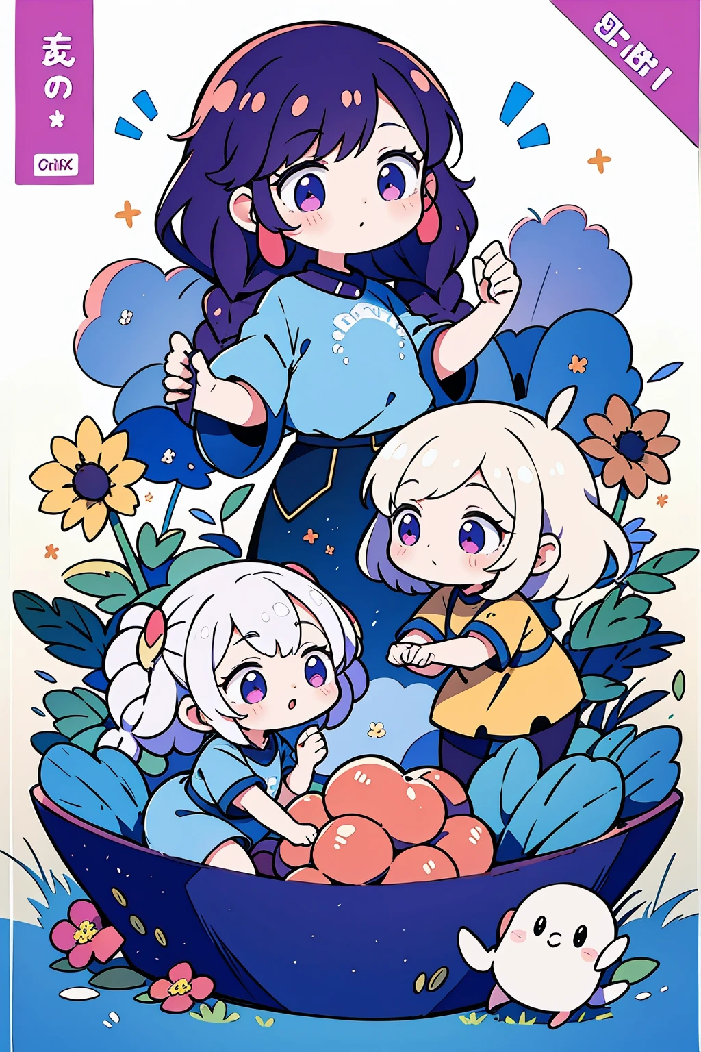 Best Quality,Official art,Wallpapers,90s Cartoons,Slight retro color,riso print style,Illustration,Cute,1 girl,yinji, purple hair, purple eyes, long hair, white hair, double braids, gradient hair,Flowers,Window,flower pots,hand drawn style,children's illustrations,flat illustrations,