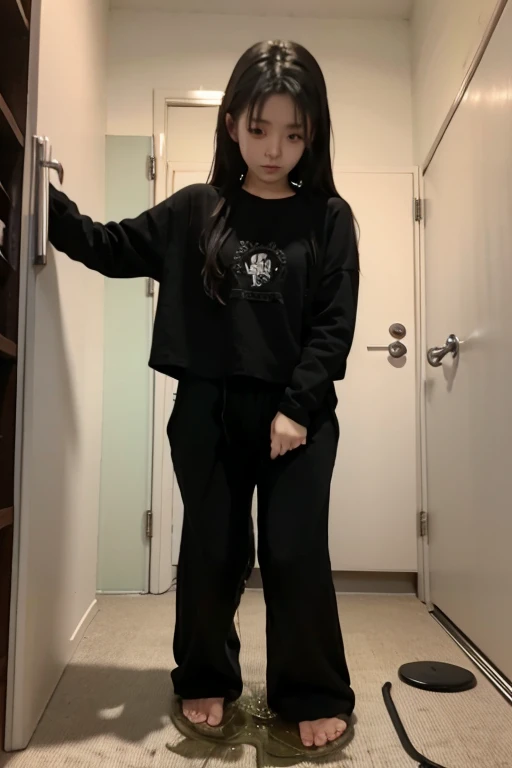 Japanese Girl sees the ghost and pees her black palazzo pants until her pants are wet in fright.