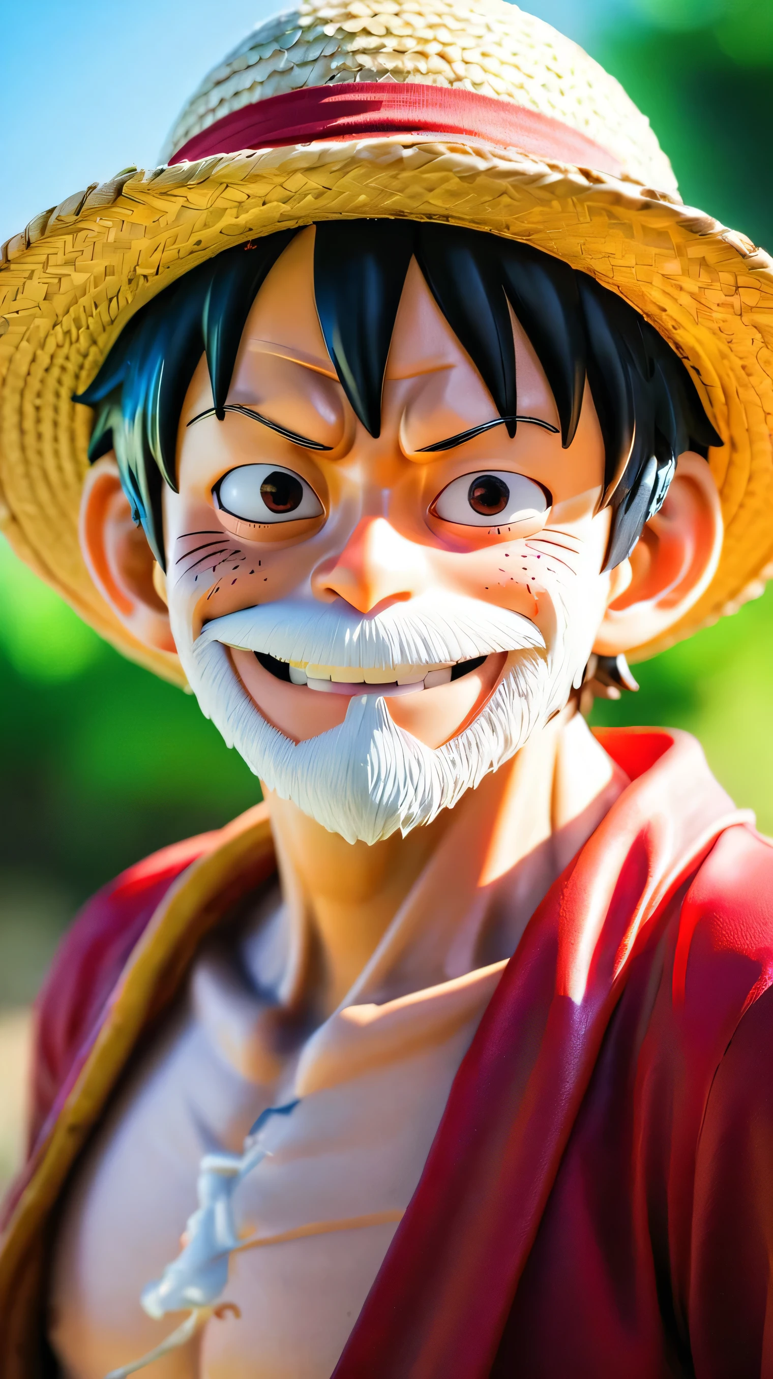"70-year-old Monkey D. Luffy wearing a straw hat、A high-resolution live-action cosplay image of a pirate standing with a pirate ship and blue sea in the background。Cosplay Photo。Luffy has an adventurous look on his face.、All around him is bright sunlight that makes you feel like an adventure is about to begin.。Has a white beard。Wrinkles on face。No hair。Bald Head。Dignified。Brighten the image、Colorful and、The details must be realistic.。high resolution。distinct"