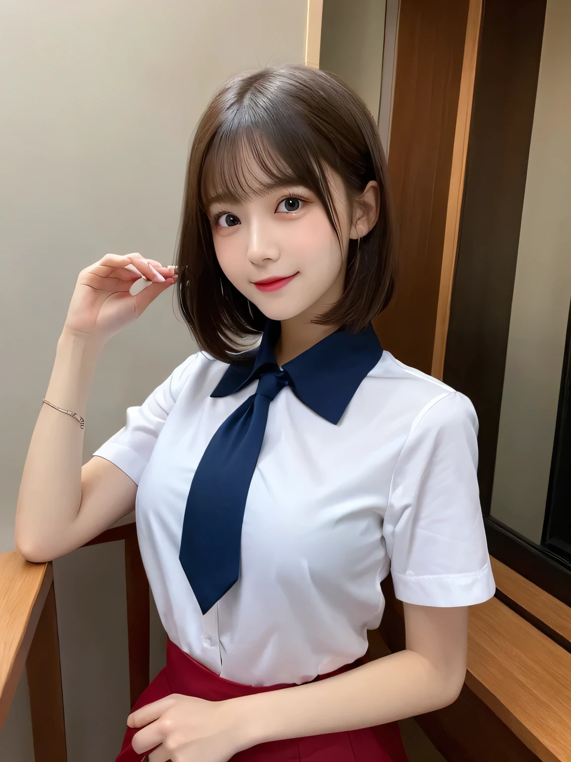 highest quality, sexy、slender、Shapely small breasts、Red tie、White shirt with front opening、Navy blue exy very detailed, Fine details,Slim body、slender、Japanese girl、 High resolution, 8k,wallpaper, Perfect dynamic composition, Beautiful fine details, Short Bob Hair、,Big Natural Color Lip, Bold sexy pose,smile、Cold Stare,15-year-old girl、Cute type、Lolita、Good Eyes、whole body,Pink wall,Sitting on a chair、Sexy thighs are visible、