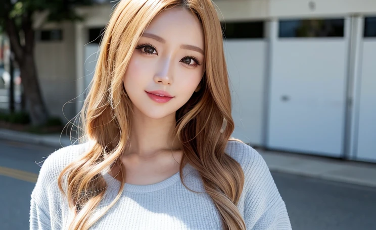 (Cowboy Shot、highest quality、8k、Award-winning works、Ultra-high resolution)、One beautiful woman、(blonde:1.1)、Bright color contacts、Perfect Makeup、Bright and shiny lipstick、Very long wavy hair、(Romantic affection:1.1)、The best smile when you see me、Accurate anatomy、Ultra HD Hair、(Ultra-high resolutionの完璧な美しい歯:1.1)、Ultra-high definition beauty face、Ultra HD Hair、Ultra-high definition sparkling eyes、輝くUltra-high resolutionの美肌、Ultra-high resolutionの艶やかな唇、Street Snap、Stylish summer outfit、26 years old、The background is the seaside at dusk、Ulzzang Makeup、Blonde