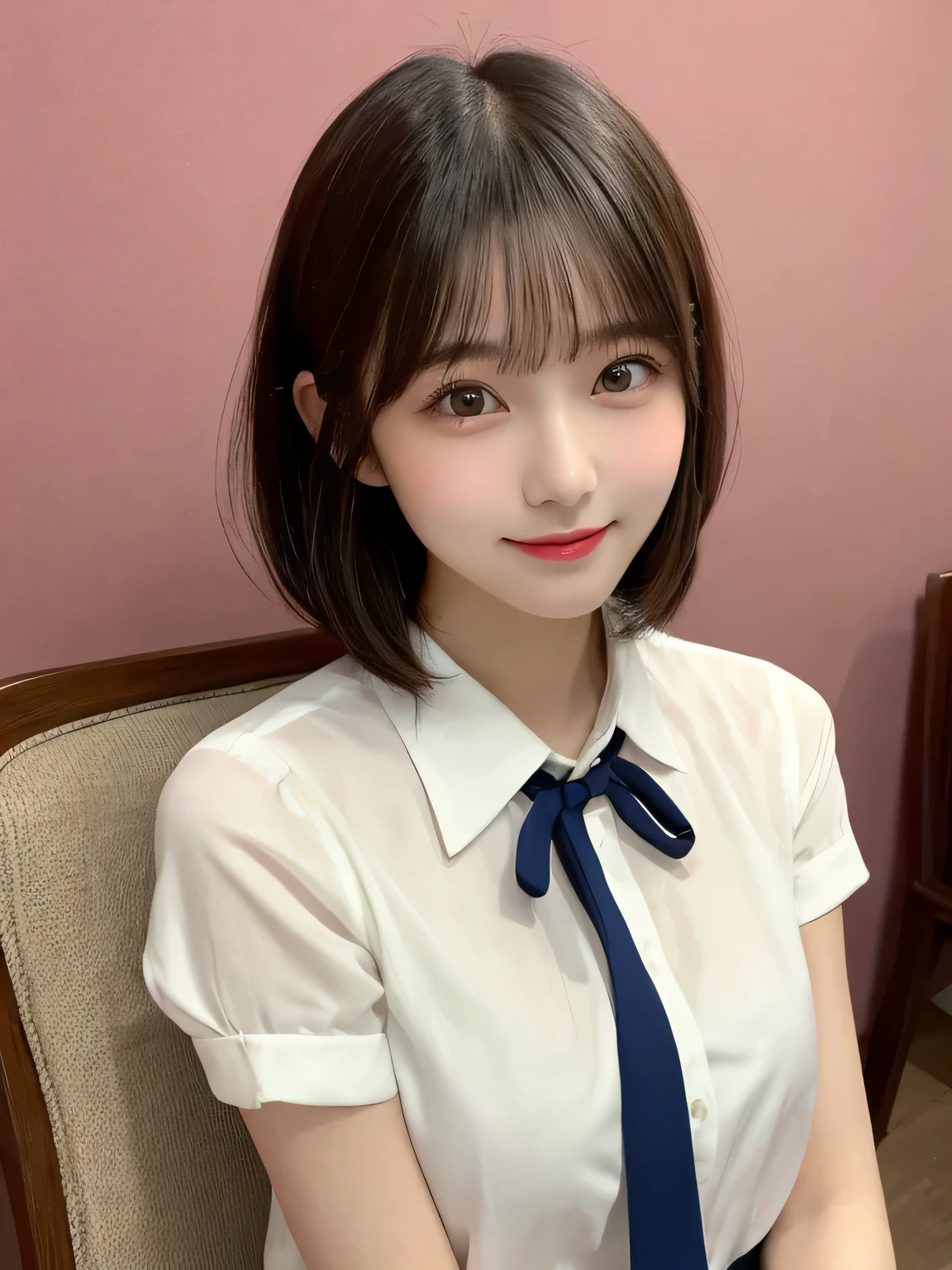 highest quality, sexy、slender、Shapely small breasts、Red tie、White shirt with front opening、Navy blue exy very detailed, Fine details,Slim body、slender、Japanese girl、 High resolution, 8k,wallpaper, Perfect dynamic composition, Beautiful fine details, Short Bob Hair、,Big Natural Color Lip, Bold sexy pose,smile、Cold Stare,15-year-old girl、Cute type、Lolita、Good Eyes、whole body,Pink wall,Sitting on a chair、Sexy thighs are visible、