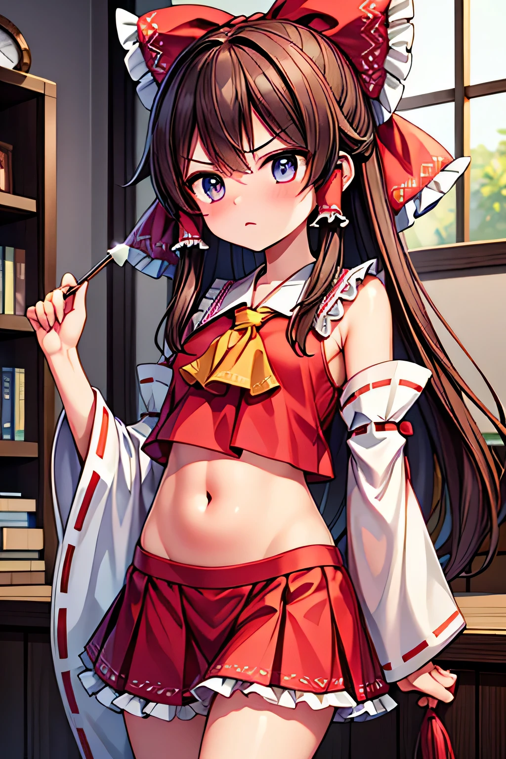 super fine illustration, vibrant colors, masterpiece, sharp focus, best quality, depth of field, cinematic lighting, ultra detailed, blush, annoyed, belly button, navel, hips, shrine maiden, hakurei reimu, 1girl, hair bow, ascot, hair tubes, detached sleeves, looking down, red shirt, red skirt, long hair, dark brown hair, indoors,