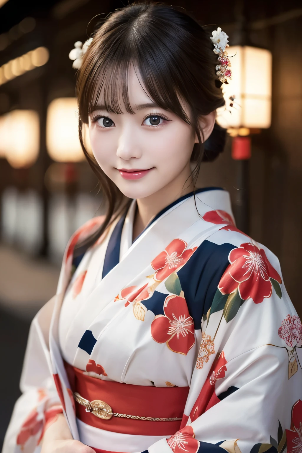 （kimono）、masterpiece、beautiful girl、Beautiful detailed eyes、highest quality, 超A high resolution, (reality: 1.2), Cinema Lighting、(Japanese Girls)、so beautiful、Beautiful Skin、(Looking at the audience)、(Surreal)、(High resolution)、(8k)、(Very detailed)、(Beautiful fine details)、(Very detailed)、 (wallpaper)、Detailed face、Bright lighting、Professional Lighting、Smile