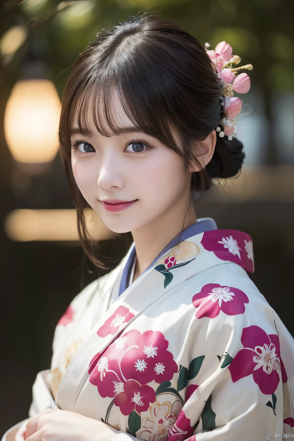 (kimono)、masterpiece、beautiful girl、Beautiful detailed eyes、highest quality, 超A high resolution, (reality: 1.2), Cinema Lighting、(Japanese Girls)、so beautiful、Beautiful Skin、(Looking at the audience)、(Surreal)、(High resolution)、(8k)、(Very detailed)、(Beautiful fine details)、(Very detailed)、 (wallpaper)、Detailed face、Bright lighting、Professional Lighting、Smile