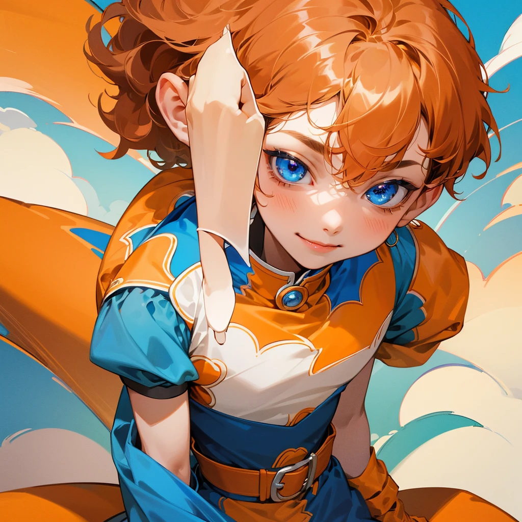 high quality, detailed, 
Boy , 4K UHD, super detail, best quality, detailed eyes, masterpiece, young ,9ars old ,orange curly short hair ,blue beautiful eyes ,sweet smile ,beautiful smile,cute outfit