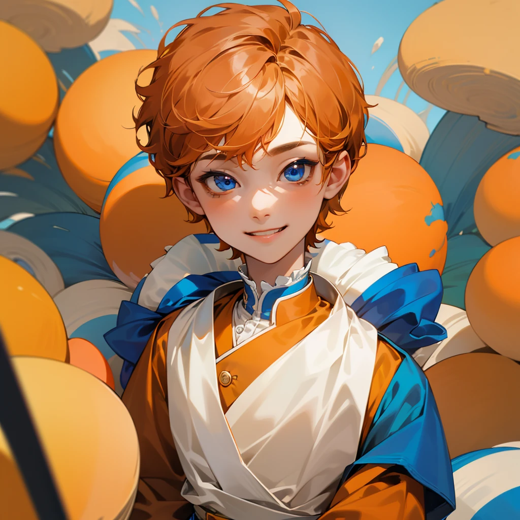 high quality, detailed, 
Boy , 4K UHD, super detail, best quality, detailed eyes, masterpiece, young ,9ars old ,orange curly short hair ,blue beautiful eyes ,sweet smile ,beautiful smile,cute outfit