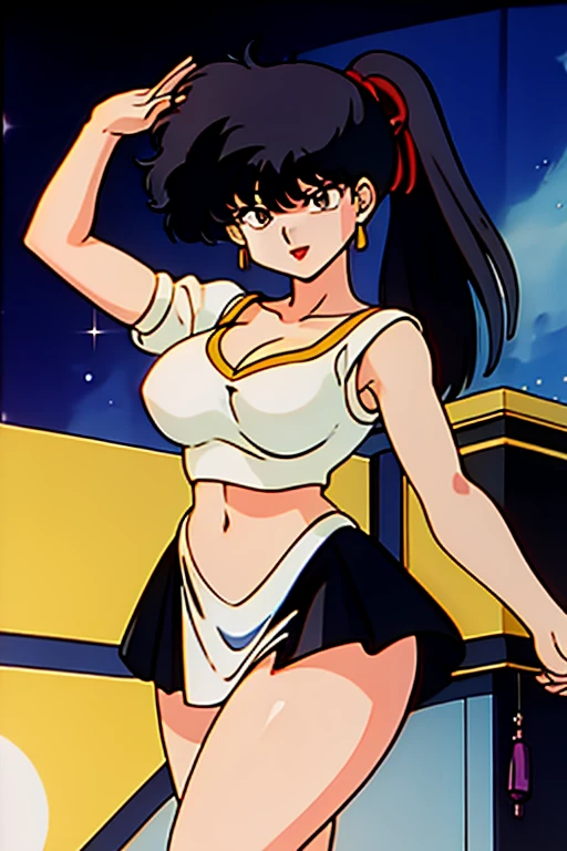 masterpiece,highest quality,Detailed, 1girl, solo girl, black hair, black eyes, Narrow eyes, ((sidetale))
, smiling, holding a mike, singing, music notes, Concert hall, stage, idol, idol outfit, Big yellow ribbon on the head,Yellow ruffled skirt,Big Breasts,No sleeve,V-neck Cleavage,Open chest,Thick thighs,1990s,Ranma,arm pit,Long legs,Raise your hand,Belly button,White panties