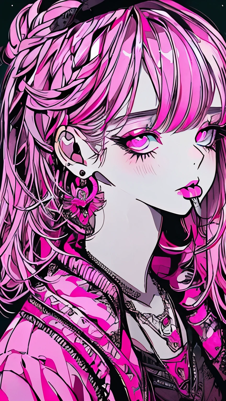 Bottom Style, 1 girl, alone, Long Hair, Looking at the audience, Glowing background, jewelry, Mouth closed, Jacket, Upper Body, Pink Hair, Earrings, Pink Eyes, necklace, From the side, sweater, lips, eyelash, Compensate, Wavy Hair, Earrings, cross, lipstick, ear Earrings, eye shadow, hoop Earrings, pink lips, Variegated eyes, Pink Theme, , pink eye shadow,