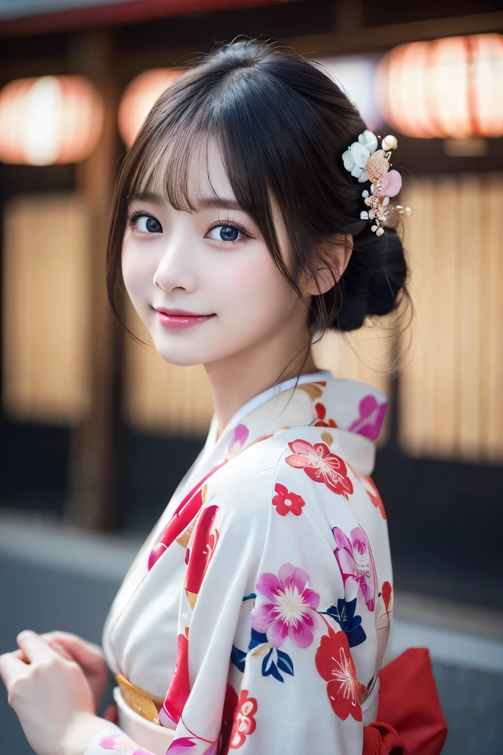 (kimono)、masterpiece、beautiful girl、Beautiful detailed eyes、highest quality, 超A high resolution, (reality: 1.2), Cinema Lighting、(Japanese Girls)、so beautiful、Beautiful Skin、(Looking at the audience)、(Surreal)、(High resolution)、(8k)、(Very detailed)、(Beautiful fine details)、(Very detailed)、 (wallpaper)、Detailed face、Bright lighting、Professional Lighting、Smile