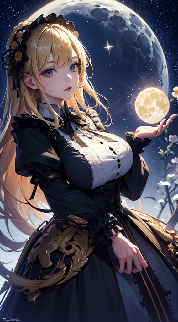 masterpiece, high quality, 4K, Beautiful design, silhouette，blonde， 非常に詳細な夜のStarry Sky,Flower Field， wonderful, Finer details,  Very knowledgeable woman, Highly detailed solo, 1 female,Big Breasts，Gothic ta Fashion，Night view，Starry Sky，full moon，