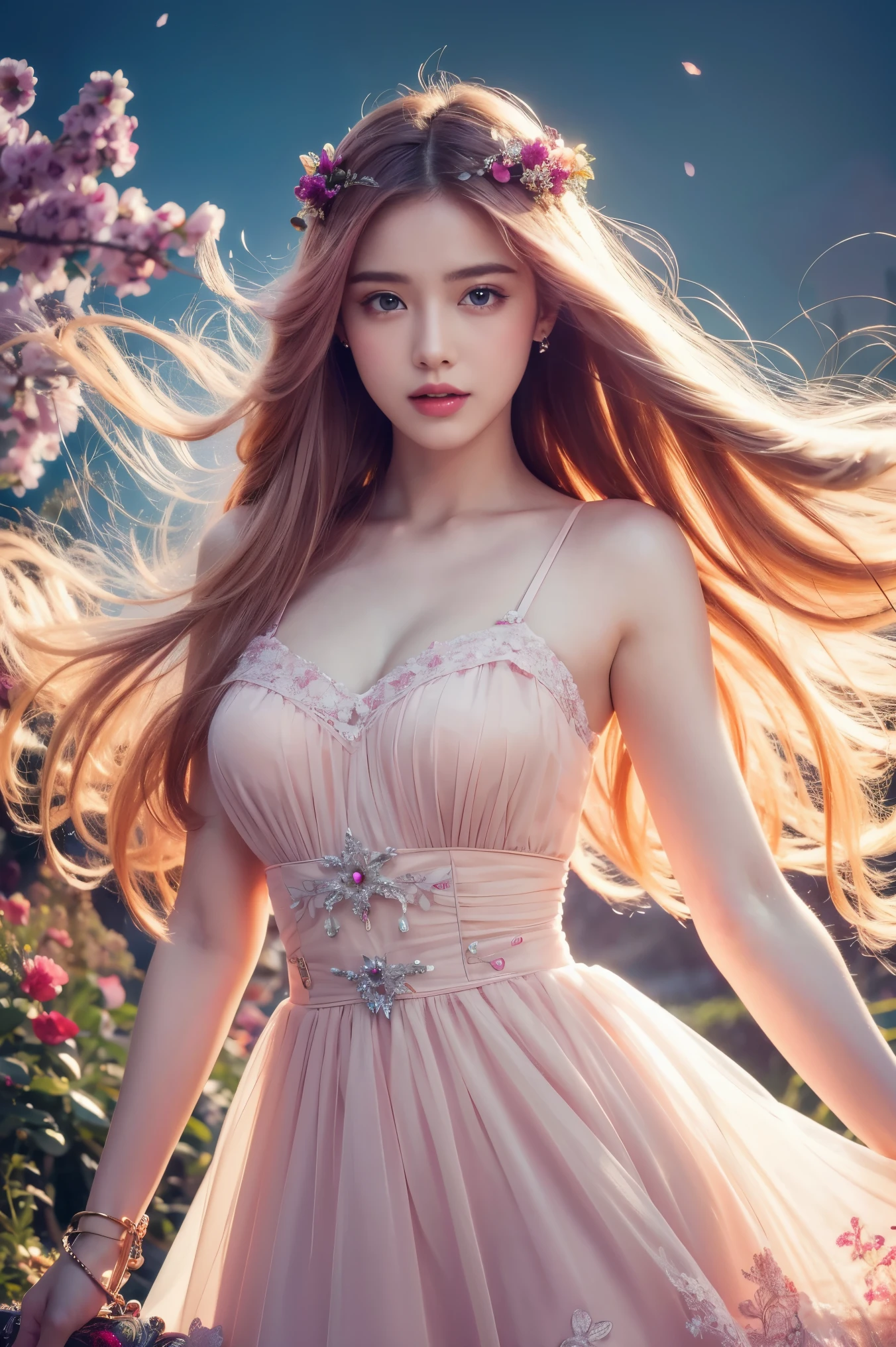 (Best quality, 8K, high resolution, masterpiece:1.2), Digital Artwork, A girl, Delicate face, delicate eyes, Pink Hair, Long and straight hair, Glowing purple eyes, red lips, Suspenders, Fantasy Landscape, Vibrant colors, soft light, Whimsical atmosphere, Blooming flowers, floating dress, Fine details, Ethereal Background, Dreamy aura