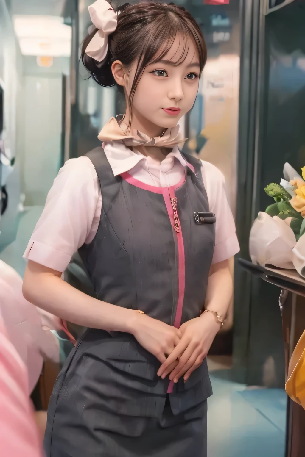 (masterpiece:1.2, highest quality:1.2), 32K HDR, High resolution, (alone、1 girl)、（On board the Shinkansen、Professional Lighting）、Background in the car、（Realistic style wearing JR GranClass attendant uniform）、Blouse with short sleeves、Scarf around the neck、（JR GranClass attendant uniform with pink parts on the sleeves of the skirt）、（JR GranClass attendant uniform with pink stripe on the front of the vest）、Dark brown hair、（Hair tied up、Bun Hair、Chignon）、Dark brown hair、Long Shot、Big Breasts、（（Fine hand：2.0）），（（Harmonious body proportions：1.5）），（（Normal limbs：2.0）），（（Normal finger：2.0）），（（Delicate eyes：2.0）），（（Normal eyes：2.0））)、Luxury Necklace、Captivating look、Beautiful standing posture,Place your hands around your stomach