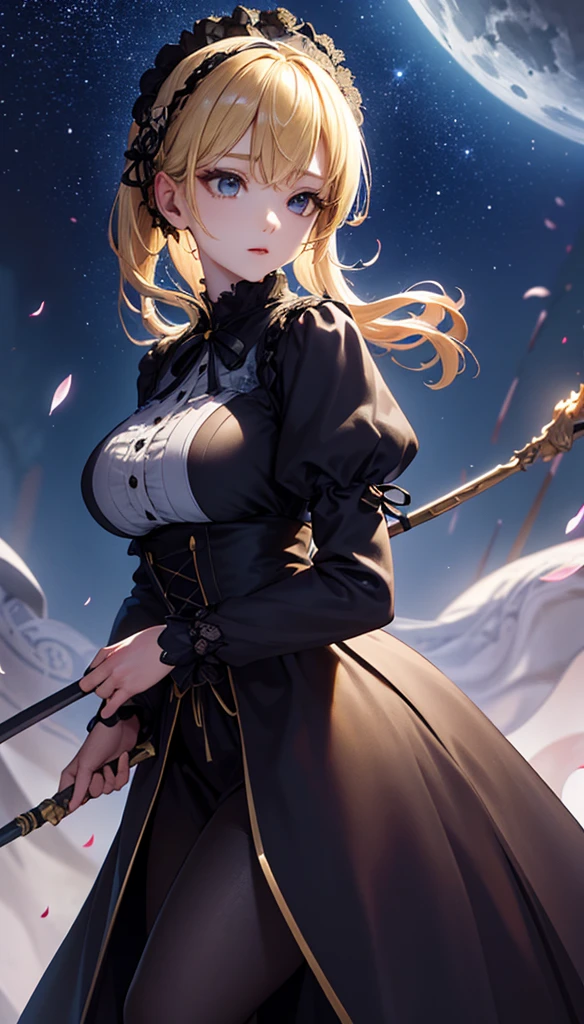 masterpiece, high quality, 4K, Beautiful design, silhouette，blonde， 非常に詳細な夜のStarry Sky,Flower Field， wonderful, Finer details,  Very knowledgeable woman, Highly detailed solo, 1 female,Big Breasts，Gothic Lolita Fashion，Night view，Starry Sky，full moon，