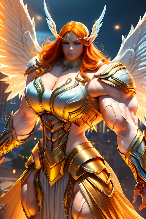 ((((Massive tall, beautiful, buff, pale white skinned muscular angel woman with orange hair, huge angel wings, ginormous bulky muscles and wearing a beautiful white angel futuristic armor with pleated skirt)))), (close view), massive muscles, massive biceps, hyper muscle shoulders, massive muscle arms, vascular shoulders, hyper muscle triceps, huge angel wings, (long shaggy hair), pleated skirt, green eyes, choker, angel gauntlets, on top of a magical skyscraper in a mystical world, smile, hyper vascular arm, hyper muscles arms, hyper muscle legs, (massive arms).