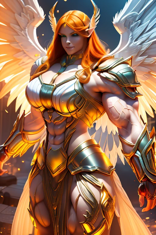((((Massive tall, beautiful, buff, pale white skinned muscular angel woman with orange hair, huge angel wings, ginormous bulky muscles and wearing a beautiful white angel futuristic armor with pleated skirt)))), (close view), massive muscles, massive biceps, hyper muscle shoulders, massive muscle arms, vascular shoulders, hyper muscle triceps, huge angel wings, (long shaggy hair), pleated skirt, green eyes, choker, angel gauntlets, on top of a magical skyscraper in a mystical world, smile, hyper vascular arm, hyper muscles arms, hyper muscle legs, (massive arms).