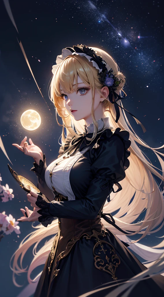 masterpiece, high quality, 4K, Beautiful design, silhouette,blonde, 非常に詳細な夜のStarry Sky,Flower Field, wonderful, Finer details, Very knowledgeable woman, Highly detailed solo, 1 female,Big Breasts,Gothic Lolita Fashion,Night view,Starry Sky,full moon,