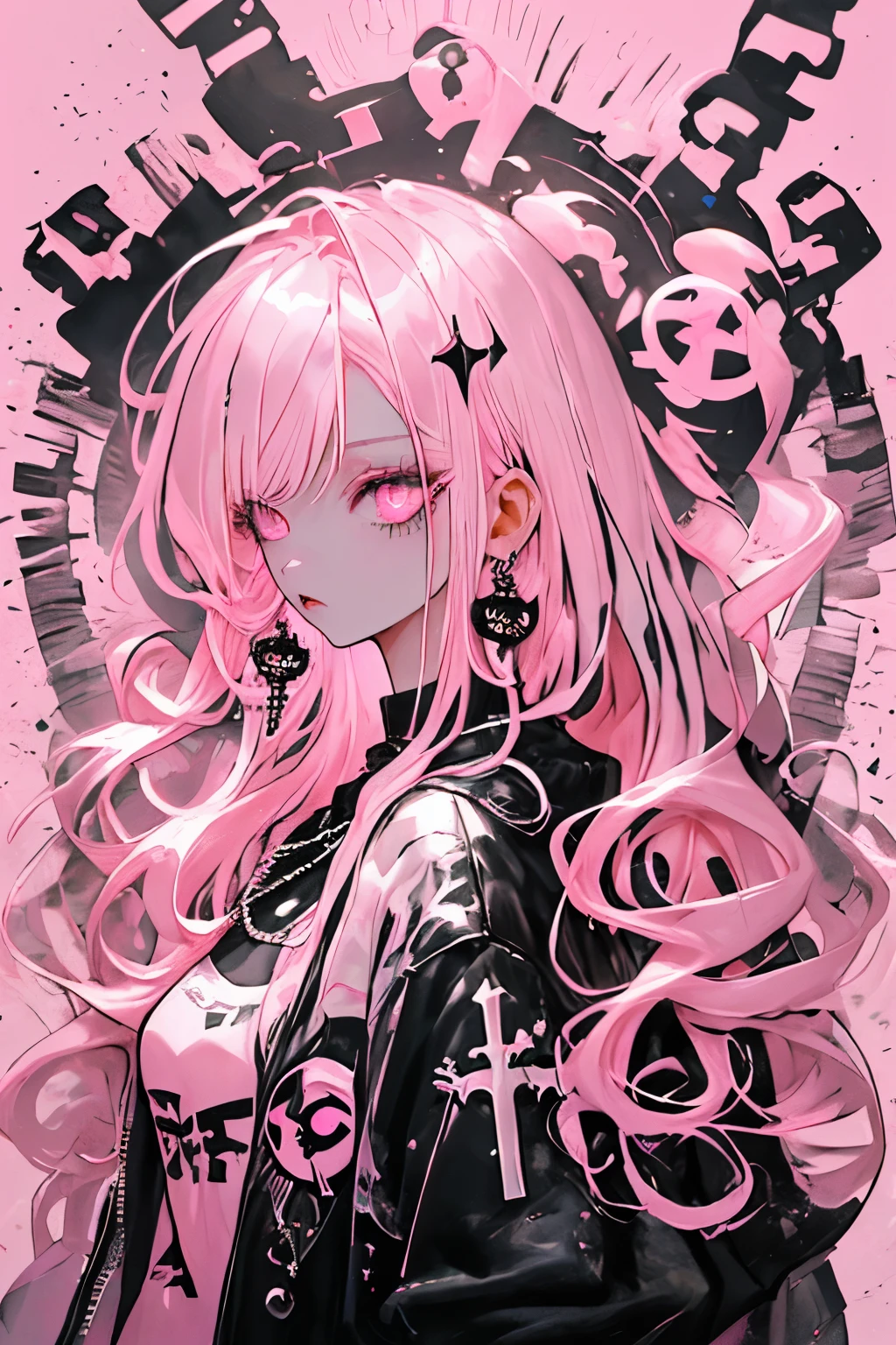 Bottom Style, 1 girl, alone, Long Hair, Looking at the audience, Glowing background, jewelry, Mouth closed, Jacket, Upper Body, Pink Hair, Earrings, Pink Eyes, necklace, From the side, sweater, lips, eyelash, Compensate, Wavy Hair, Earrings, cross, lipstick, ear Earrings, eye shadow, hoop Earrings, pink lips, Variegated eyes, Pink Theme, , pink eye shadow,