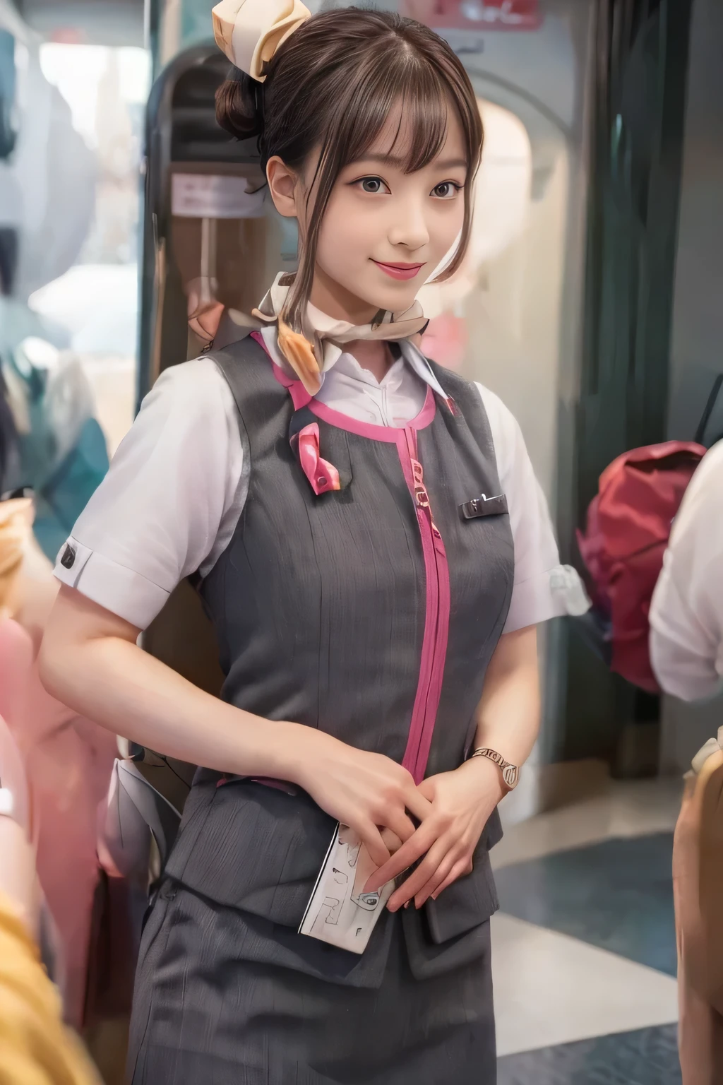 (masterpiece:1.2, highest quality:1.2), 32K HDR, High resolution, (alone、1 girl)、(On board the Shinkansen、Professional Lighting)、Background in the car、(Realistic style wearing JR GranClass attendant uniform)、Blouse with short sleeves、Scarf around the neck、(JR GranClass attendant uniform with pink parts on the sleeves of the skirt)、(JR GranClass attendant uniform with pink line on front zipper of vest)、Dark brown hair、(Hair tied up、Bun Hair、Chignon)、Dark brown hair、Long Shot、Big Breasts、((Fine hand:2.0)),((Harmonious body proportions:1.5)),((Normal limbs:2.0)),((Normal finger:2.0)),((Delicate eyes:2.0)),((Normal eyes:2.0)))、Luxury Necklace、smile、Beautiful standing posture,Place your hands around your stomach