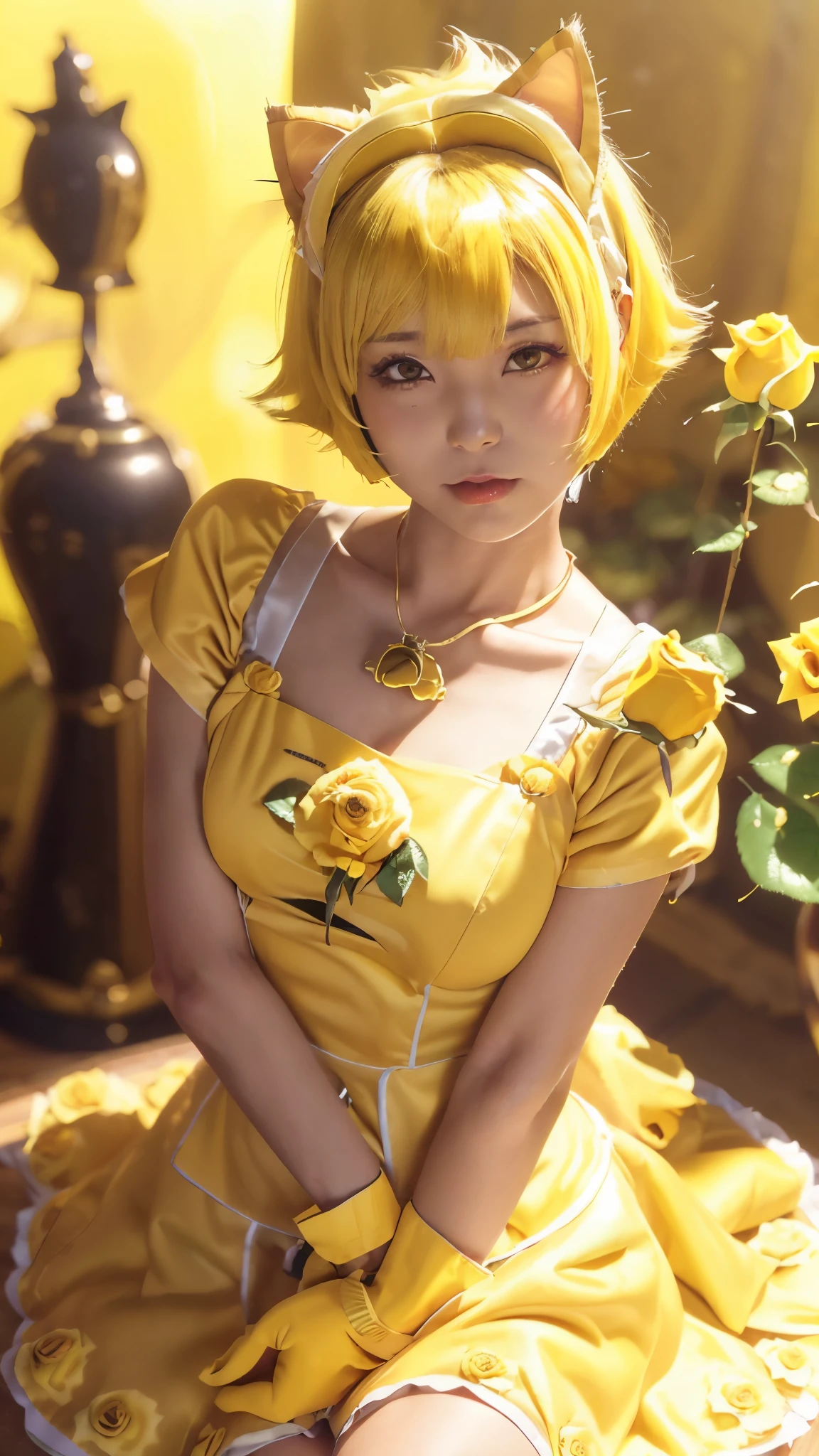 masterpiece, 4k, Bokeh, high school girls, (beautiful face:1.3),  (Cat ears:1.3), (Yellow bob hair:1.6) , (Japanese idol:1.6), Blushed face, (Yellow maid costume :1.4), looking at the viewer, closeup, 
 (Yellow background :1.4), (Yellow rose room:1.6), Yellow thema