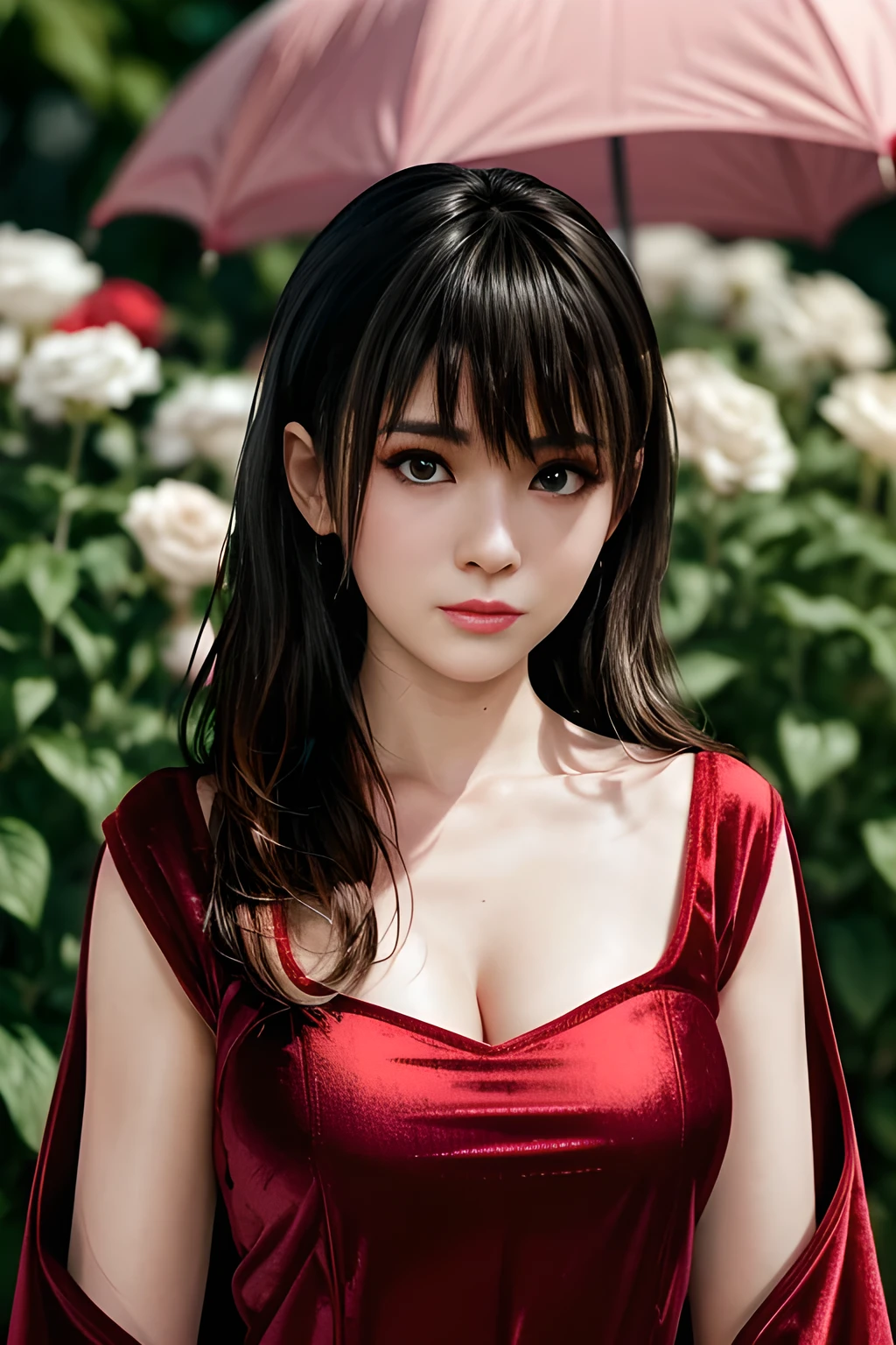 1girl,(RED theme: 1.2), (Velvet fabric Wedding dress: 1.2), (Ice flower Robe: 1.5), ,garden,moon,huge breasts,lactating,(lip gloss),(masterpiece), best quality, (real life portrait photography:1.5),unltra detailed,8K,Shot with a professional-grade camera like the Nikon D850,every intricate detail is captured, from the subtlest expression to the glimmer of anticipation in her eyes,,nanami