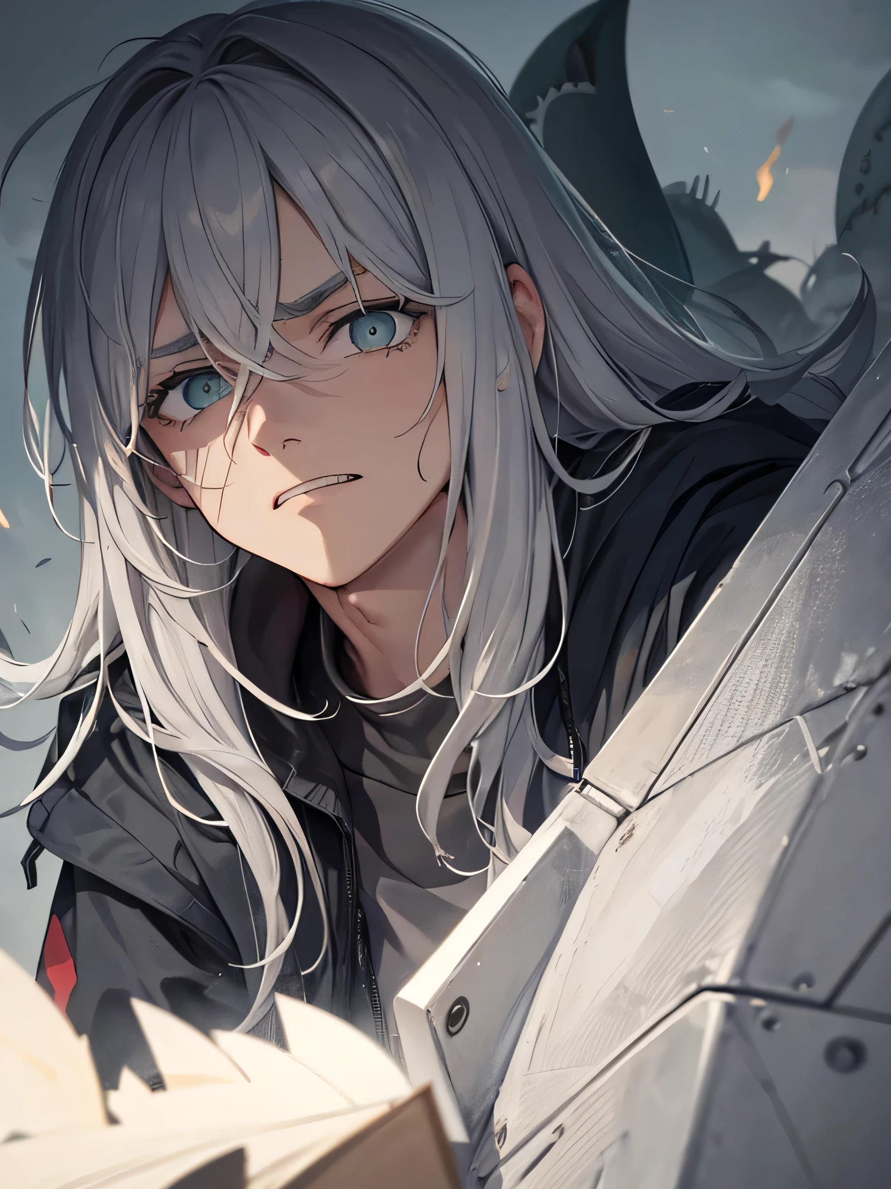 a close up person in jacket, A gray-haired dismal male character with a green-eyed has brownish skin and shark-tooth-like teeth, he depressed and expressionless with messy long hair and dead eyes in the backdrop in the middle of a battlefield turning his head straight