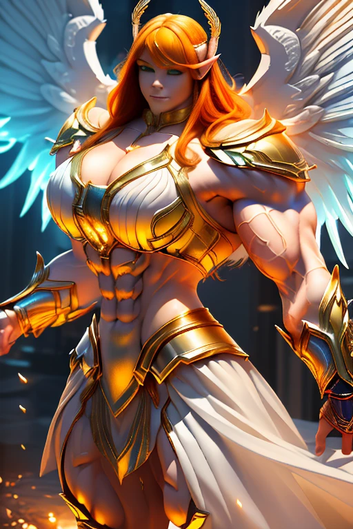 ((((Massive tall, beautiful, buff, pale white skinned muscular angel woman with orange hair, huge angel wings, ginormous bulky muscles and wearing a beautiful white angel futuristic armor with pleated skirt)))), (close view), massive muscles, massive biceps, hyper muscle shoulders, massive muscle arms, vascular shoulders, hyper muscle triceps, huge angel wings, (long shaggy hair), pleated skirt, green eyes, choker, angel gauntlets, on top of a magical skyscraper in a mystical world, smile, hyper vascular arm, hyper muscles arms, hyper muscle legs, (massive arms).