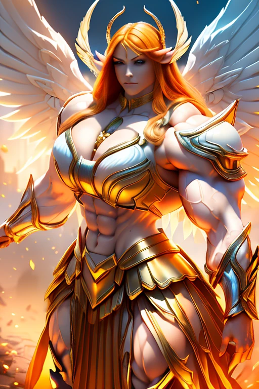 ((((Massive tall, beautiful, buff, pale white skinned muscular angel woman with orange hair, huge angel wings, ginormous bulky muscles and wearing a beautiful white angel futuristic armor with pleated skirt)))), (close view), massive muscles, massive biceps, hyper muscle shoulders, massive muscle arms, vascular shoulders, hyper muscle triceps, huge angel wings, (long shaggy hair), pleated skirt, green eyes, choker, angel gauntlets, on top of a magical skyscraper in a mystical world, smile, hyper vascular arm, hyper muscles arms, hyper muscle legs, (massive arms).