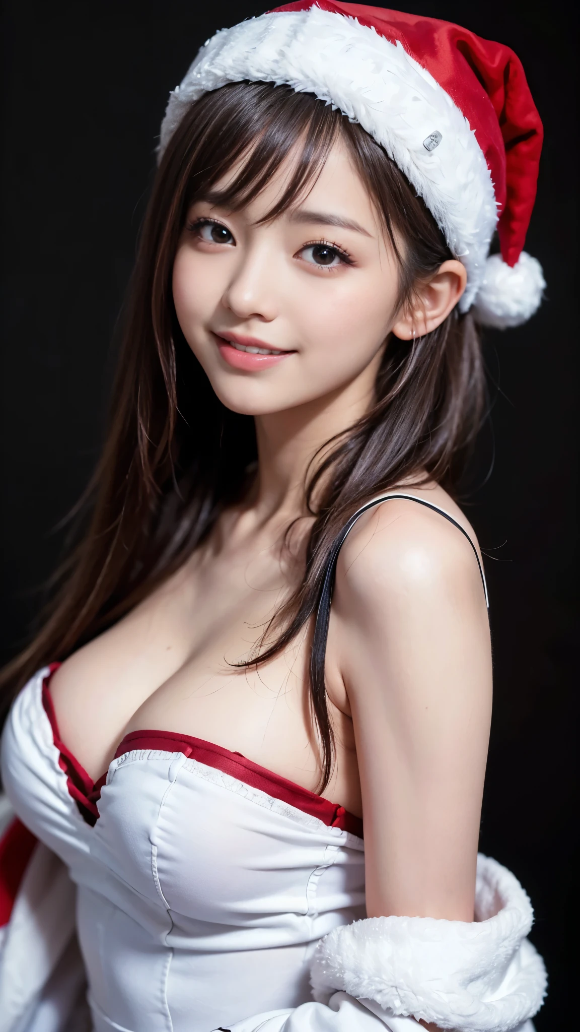 ((highest quality、Masterpiece、High resolution))、(((Zoom photo of upper body)))、(A shy smile:1.2)、One 15-year-old female、Beautiful Skin、Beautiful Eyes、Large Breasts、Santa Claus、Black Hair、Trimmed bangs、ponytail