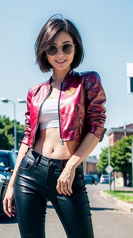 ((highest quality)), ((masterpiece)), ((Perfect Face))、(Detailed Motorcycle)、Detailed and clear photos、((Motorcycle Women))、Slender body、Pink floral jacket and leather pants、smile、Posing next to a bike、short hair