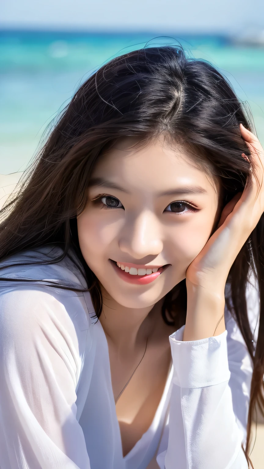 Tabletop、(highest quality、4K、8k、High resolution、masterpiece: 1.2)、Very detailed、(Genuine、photoGenuineistic、photoGenuineistic: 1.37)、Full Body Shot、Complex and beautiful eyes、woman、blonde、Shortcuts、Natural color lip、whiteＴshirt、Bold and sexy pose、smile、Ocean、20-year-old girl、A cute and sexy shot of her looking at the camera。