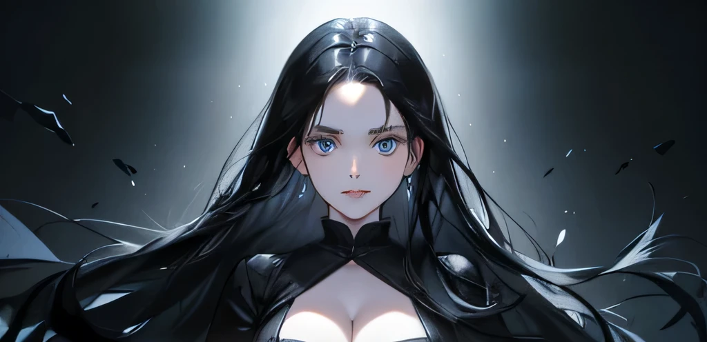 1 girl, high resolution, long black hair, blue eyes, wearing cute and modest black dress, not confident, weak, scared, detailed face, dark background, ultrasharp, 8K, masterpiece, big breasts, cleavage shown , pale white skin, no bangs or fringes, forehead seen