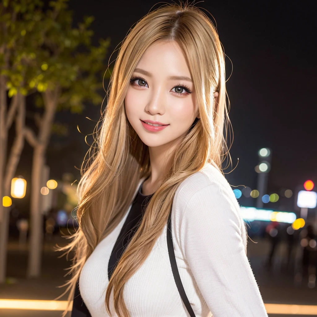 (Cowboy Shot、highest quality、8k、Award-winning works、Ultra-high resolution)、One beautiful woman、(blonde:1.1)、Bright color contacts、Perfect Makeup、Bright and shiny lipstick、Very long wavy hair、(Romantic affection:1.1)、The best smile when you see me、Accurate anatomy、Ultra HD Hair、(Ultra-high resolutionの完璧な美しい歯:1.1)、Ultra-high definition beauty face、Ultra HD Hair、Ultra-high definition sparkling eyes、輝くUltra-high resolutionの美肌、Ultra-high resolutionの艶やかな唇、Stylish summer outfit、26 years old、The background is a cityscape at dusk、Fireworks in the sky、Ulzzang Makeup、Blonde